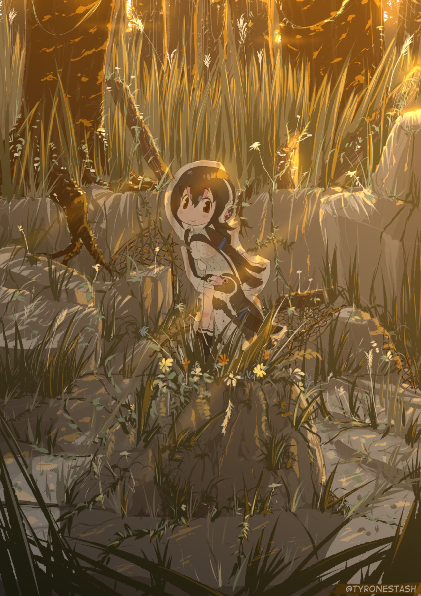 1girl bird flower grape-kun grass highres humboldt_penguin humboldt_penguin_(kemono_friends) kemono_friends no_humans overgrown penguin plant smile tree twitter_username tyrone yellow_flower