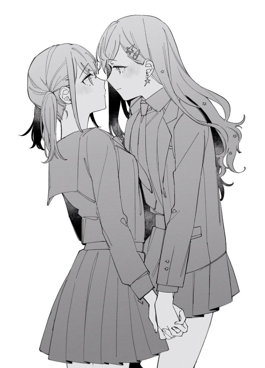 2girls azusawa_kohane blazer blush closed_mouth collared_shirt commentary couple cowboy_shot earrings eye_contact from_side greyscale hair_ornament highres holding_hands imminent_kiss interlocked_fingers jacket jewelry long_hair long_sleeves looking_at_another medium_hair monochrome multiple_girls neckerchief open_clothes open_jacket paperclip_hair_ornament parted_lips pleated_skirt project_sekai sailor_collar shiraishi_an shirt sidelocks skirt standing star_(symbol) star_earrings star_hair_ornament twintails wavy_hair yuri zhuotian