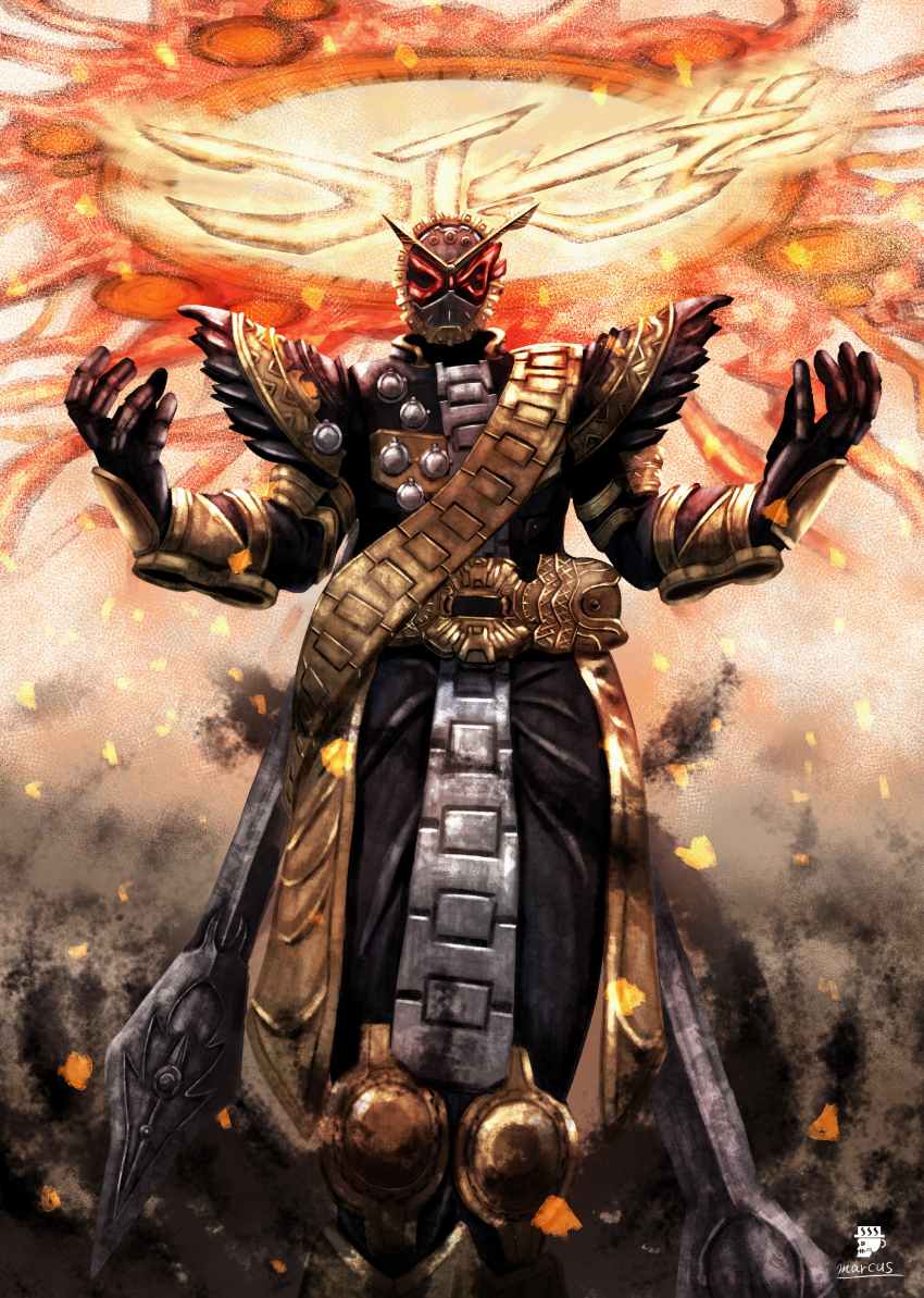 1boy absurdres apocalypse armor aura belt black_armor black_boots black_gloves bodysuit boots clock clock_hands compound_eyes cowboy_shot gloves gold_armor gold_trim helmet highres horns kamen_rider kamen_rider_zi-o_(series) male_focus ohma_zi-o ohma_zi-o_driver red_eyes rider_belt shinshi_marcus tokusatsu