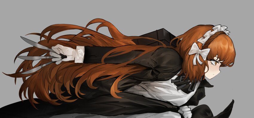 1girl anli_(jwcpp4sum0mgk5r) apron black_dress black_ribbon dress freckles from_side gloves grey_background highres holding holding_knife ishmael_(project_moon) knife limbus_company long_hair looking_ahead maid maid_apron maid_headdress neck_ribbon orange_eyes orange_hair project_moon ribbon simple_background solo white_gloves wuthering_heights_(identity)_(project_moon)