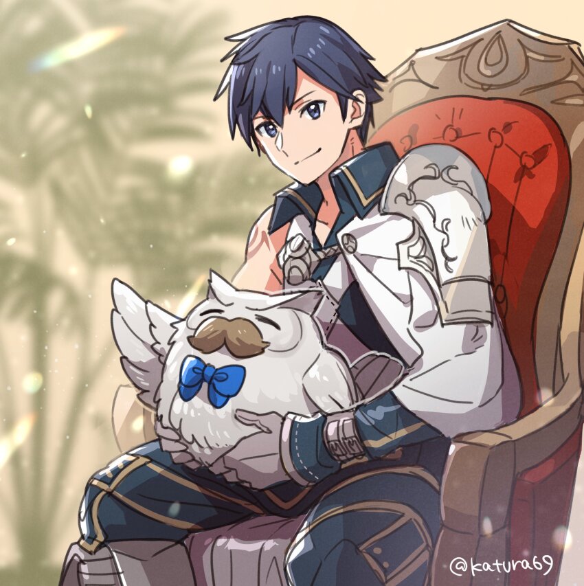 2boys armor bird blue_bow blue_bowtie blue_eyes blue_hair bow bowtie cape chrom_(fire_emblem) closed_mouth facial_hair fehnix fire_emblem fire_emblem_awakening fire_emblem_heroes highres katsura_ichiho looking_at_viewer multiple_boys mustache nintendo owl shoulder_armor throne