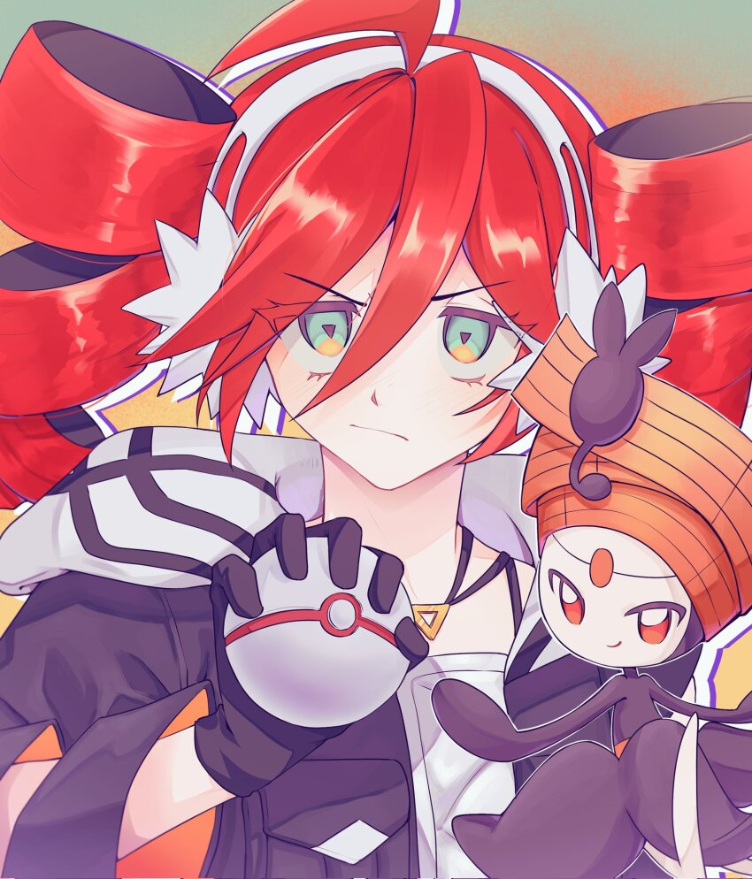 2girls ahoge aqua_background aqua_eyes black_gloves black_jacket closed_mouth drill_hair gen_5_pokemon gimbidi gloves hair_between_eyes hand_up hashtag-only_commentary highres holding holding_poke_ball jacket kasane_teto legendary_pokemon luxury_ball meloetta meloetta_(pirouette) multiple_girls mythical_pokemon nintendo orange_background poke_ball pokemon pokemon_(creature) project_voltage red_hair rival_teto_(project_voltage) shirt symbol-shaped_pupils twin_drills upper_body utau vocaloid white_shirt yellow_eyes