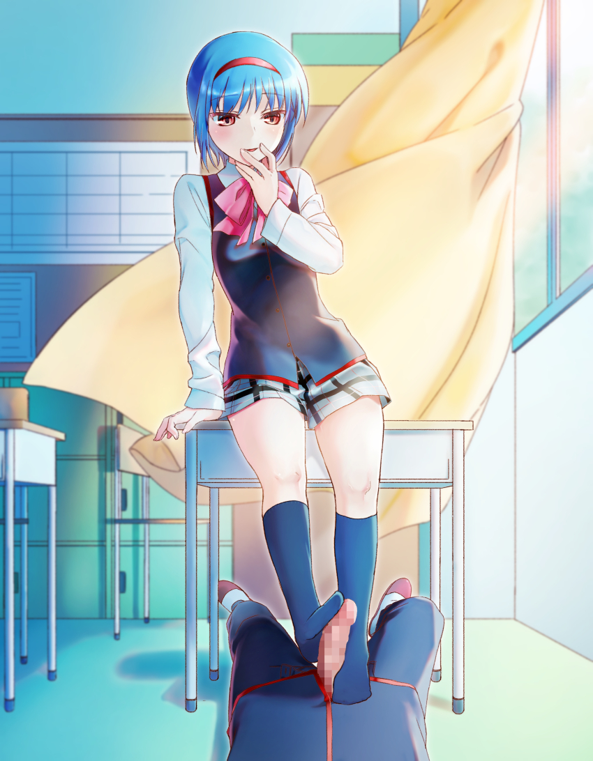 1boy 1girl absurdres arm_at_side arm_support bare_legs black_socks black_vest blue_hair blush bow censored classroom commentary commission curtains desk erection feet finger_to_mouth footjob full_body grey_skirt hair_between_eyes hairband hand_up highres kneehighs large_variant_set legs little_busters! little_busters!_school_uniform long_sleeves looking_at_penis looking_down lying miniskirt mosaic_censoring natsuoto_rito nishizono_midori no_shoes on_back open_mouth penis pink_bow plaid_clothes plaid_skirt red_eyes red_hairband school_desk school_uniform shirt short_hair skeb_commission skirt smile socks solo_focus standing summer_uniform thighs two-footed_footjob variant_set vest white_shirt wind