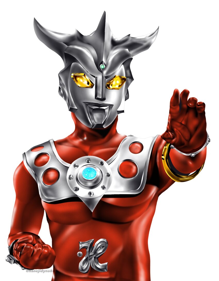 1boy alien armlet armor bracelet breastplate clenched_hand collarbone color_timer colored_skin commentary crest curled_fingers english_commentary fighting_stance forehead_jewel gem gloves glowing glowing_eyes gold_armlet green_gemstone hanejidyna86 highres horns jewelry looking_ahead male_focus multicolored_skin outstretched_arm pectorals red_gloves red_skin silver_skin simple_background solo studded_armlet studded_armor tokusatsu toned toned_male twitter_username two-tone_skin ultra_bracelet ultra_series ultraman_leo ultraman_leo_(series) upper_body white_background wrinkled_skin yellow_eyes