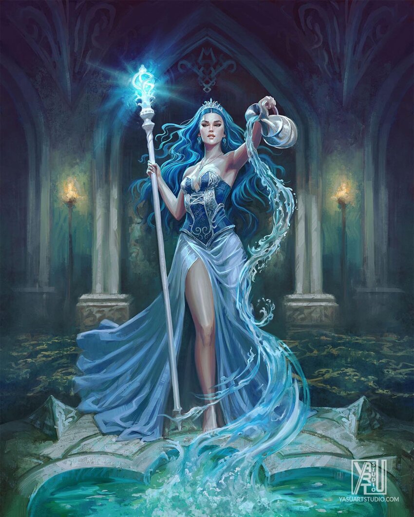 1girl aquarius_(zodiac) artist_name blue_dress blue_hair dress highres holding holding_jug holding_staff indoors long_dress long_hair looking_at_viewer original sleeveless sleeveless_dress solo staff tiara water watermark web_address yasustudio zodiac
