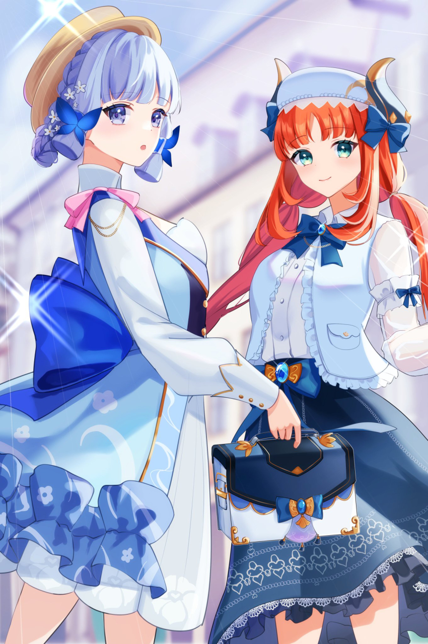 1girl 2girls aqua_eyes ayaka_(genshin_impact) bag black_skirt blue_bow blue_dress blue_eyes blue_hair blue_jacket blunt_bangs blush bow braid breasts butterfly_hair_ornament closed_mouth dress fake_horns flower genshin_impact hair_flower hair_ornament hat highres holding holding_bag horned_hat horns jacket jewelry kamisato_ayaka kamisato_ayaka_(springbloom_missive) long_hair long_sleeves looking_at_viewer low_twintails marufus medium_breasts mole mole_under_eye multiple_girls nilou_(genshin_impact) nilou_(samsung)_(genshin_impact) official_alternate_costume official_alternate_hairstyle open_mouth puffy_long_sleeves puffy_sleeves red_hair shirt skirt smile twintails white_hat white_shirt