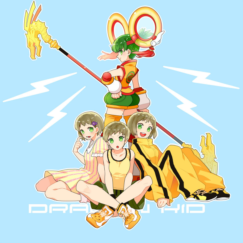 10s 4girls blonde_hair bruce_lee&#039;s_jumpsuit chinese_clothes detached_sleeves dragon_kid dress green_eyes green_hair gum_(gmng) gumidemo_kandero hat highres huang_baoling multiple_girls multiple_persona short_hair shorts superhero_costume tank_top thighhighs tiger_&amp;_bunny