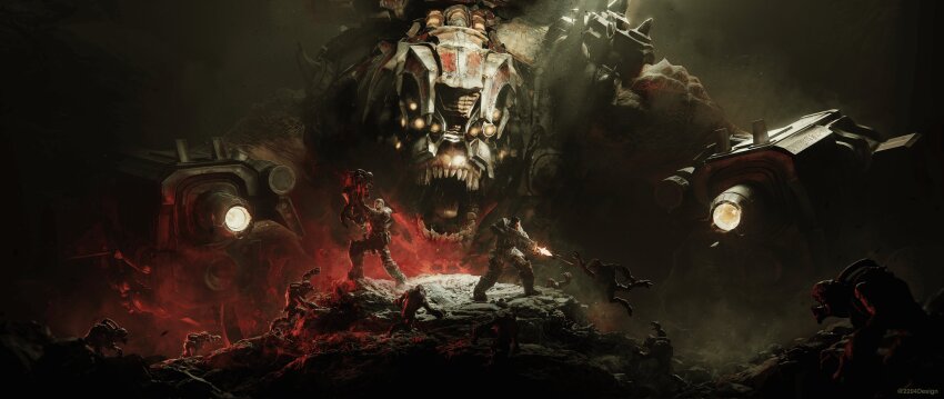 2204design 2boys absurdres alien blood blood_splatter extra_eyes firing gears_of_war gun highres holding holding_gun holding_weapon monster multiple_boys muzzle_flash open_mouth soldier weapon