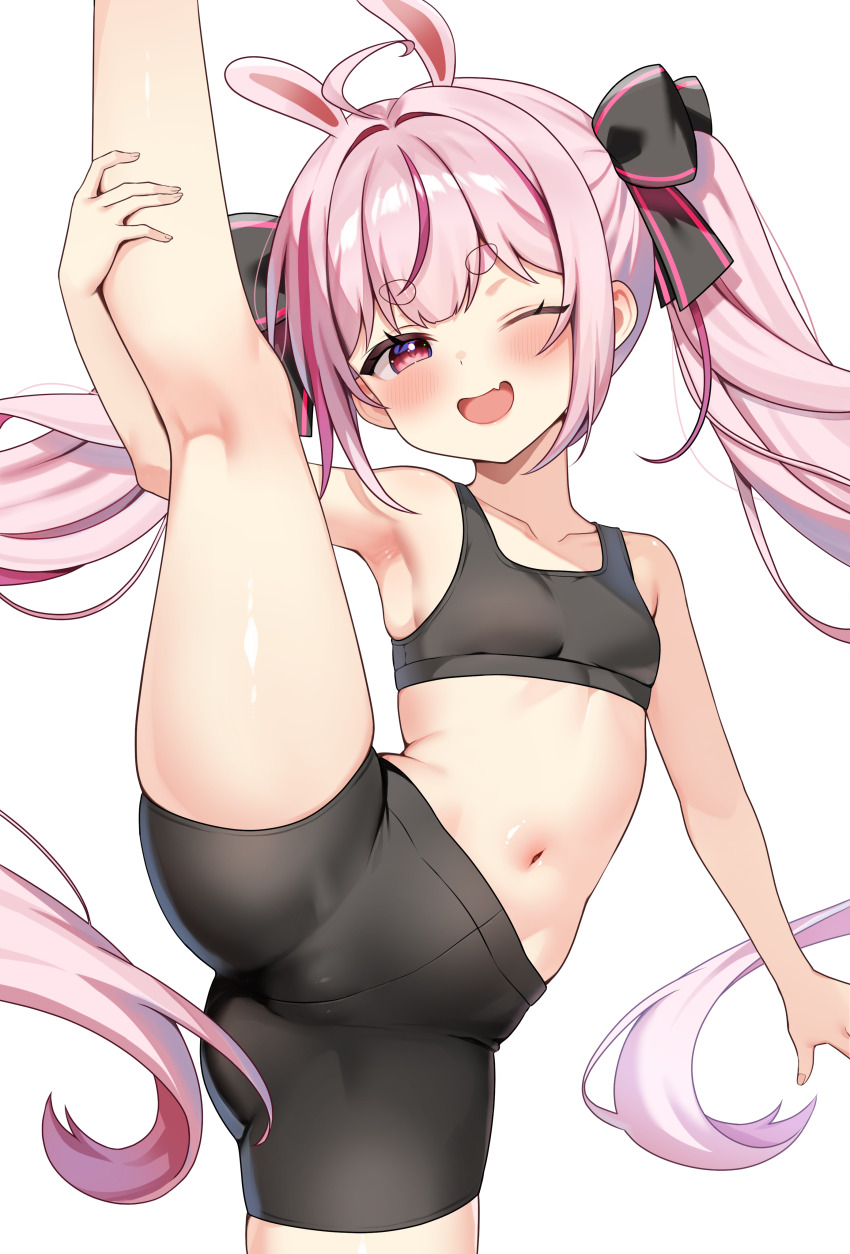 1girl absurdres ahoge animal_ears bansyono-mamoribito bike_shorts black_shorts black_sports_bra bow breasts cameltoe commentary hair_bow highres indie_virtual_youtuber looking_at_viewer navel one_eye_closed open_mouth pink_eyes pink_hair short_shorts shorts simple_background small_breasts split sports_bra sports_panties standing standing_on_one_leg standing_split stomach tomari_mari twintails white_background