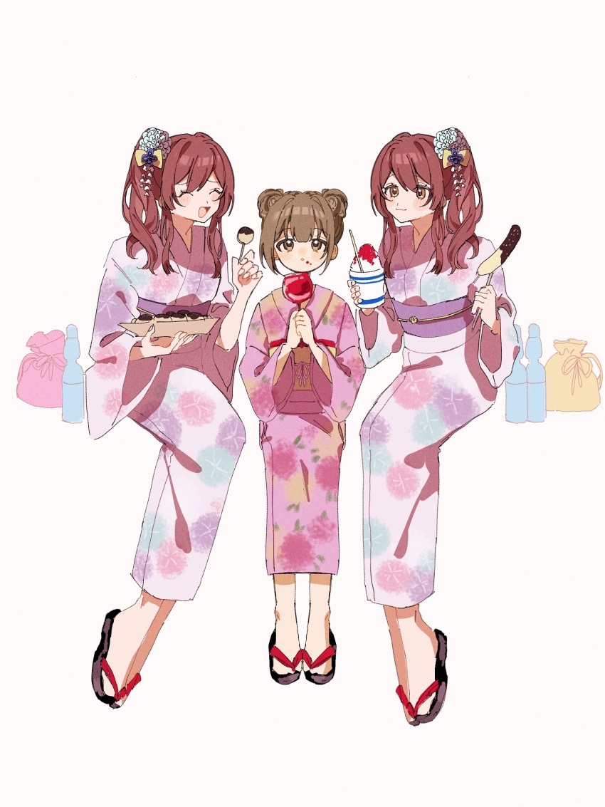 3girls ^_^ aged_down alstroemeria_(idolmaster) blush brown_hair candy_apple chocolate_banana closed_eyes commentary_request double_bun floral_print food food_on_face full_body hair_bun highres holding holding_skewer idolmaster idolmaster_shiny_colors invisible_chair japanese_clothes kimono kuwayama_chiyuki long_hair looking_at_viewer multiple_girls okome_(evur2724) osaki_amana osaki_tenka pink_kimono ramune sandals shaved_ice siblings side_ponytail sisters sitting skewer smile takoyaki twins white_background yukata zouri