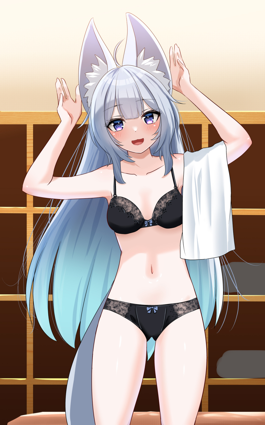 1girl :d ahoge animal_ear_fluff animal_ears arms_up black_bra black_panties blue_eyes blue_hair blush bow bow_bra bow_panties bra breasts collarbone fox_ears fox_girl fox_tail gluteal_fold gradient_hair grey_hair highres indoors lace lace-trimmed_bra lace_trim lingerie long_hair looking_at_viewer medium_breasts multicolored_hair navel open_mouth panties purple_eyes rabbit_pose shelf small_breasts smile solo standing suzuki-shi tail towel underwear underwear_only very_long_hair vrchat wolferia_(vrchat)