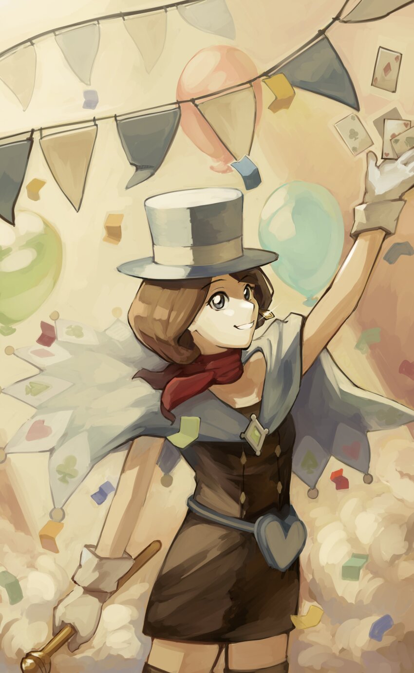 1girl absurdres ace_(playing_card) ace_attorney ace_of_diamonds ace_of_hearts ace_of_spades aqua_hat arm_up blue_eyes capelet card diamond_(shape) gloves hat heart highres holding holding_card kornod playing_card smile solo spade_(shape) top_hat trucy_wright white_gloves