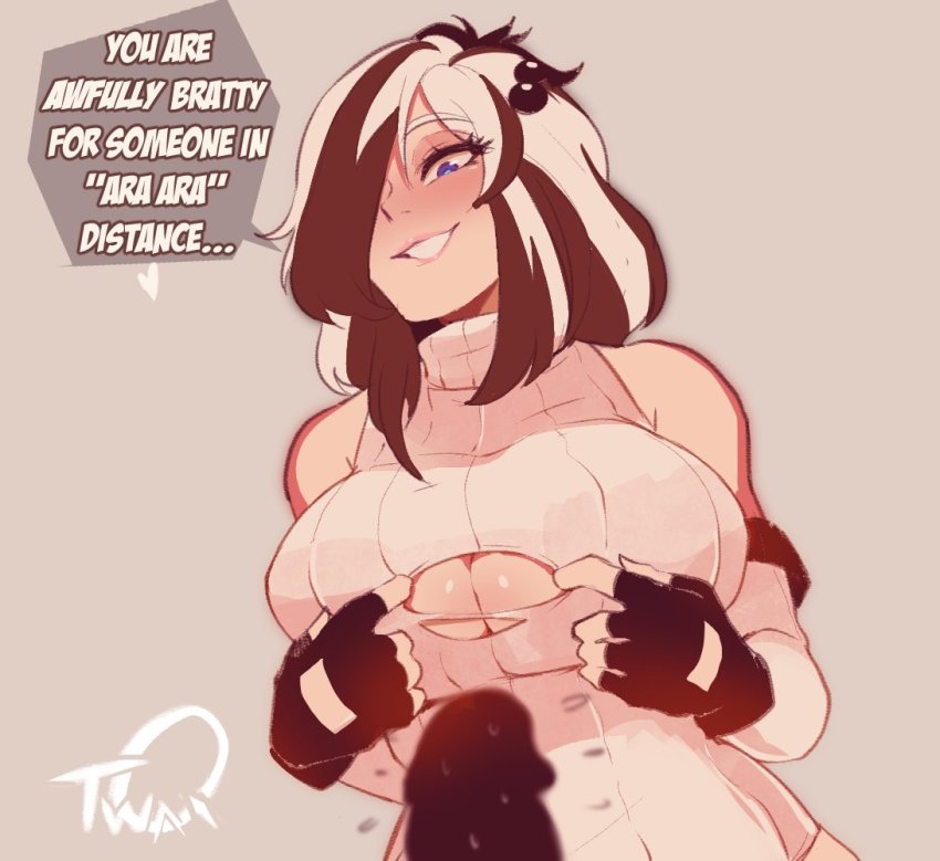 1boy 1girl ara_ara bare_shoulders black_gloves blue_eyes blush borrowed_character breasts brown_hair cleavage cleavage_cutout clothing_cutout commentary detached_sleeves disembodied_penis english_commentary english_text eyelashes fingerless_gloves gen_3_pokemon gloves hair_bobbles hair_ornament hetero imminent_paizuri jojo_reference large_breasts lips looking_at_penis looking_down mature_female multicolored_hair naughty_face nintendo no_bra nyantcha paizuri_invitation penis personification pink_sweater pokemon ribbed_sweater romaji_text short_hair solo_focus speech_bubble sweater tearing_clothes torn_clothes torn_sweater two-tone_hair white_hair you_gonna_get_raped zigzagoon