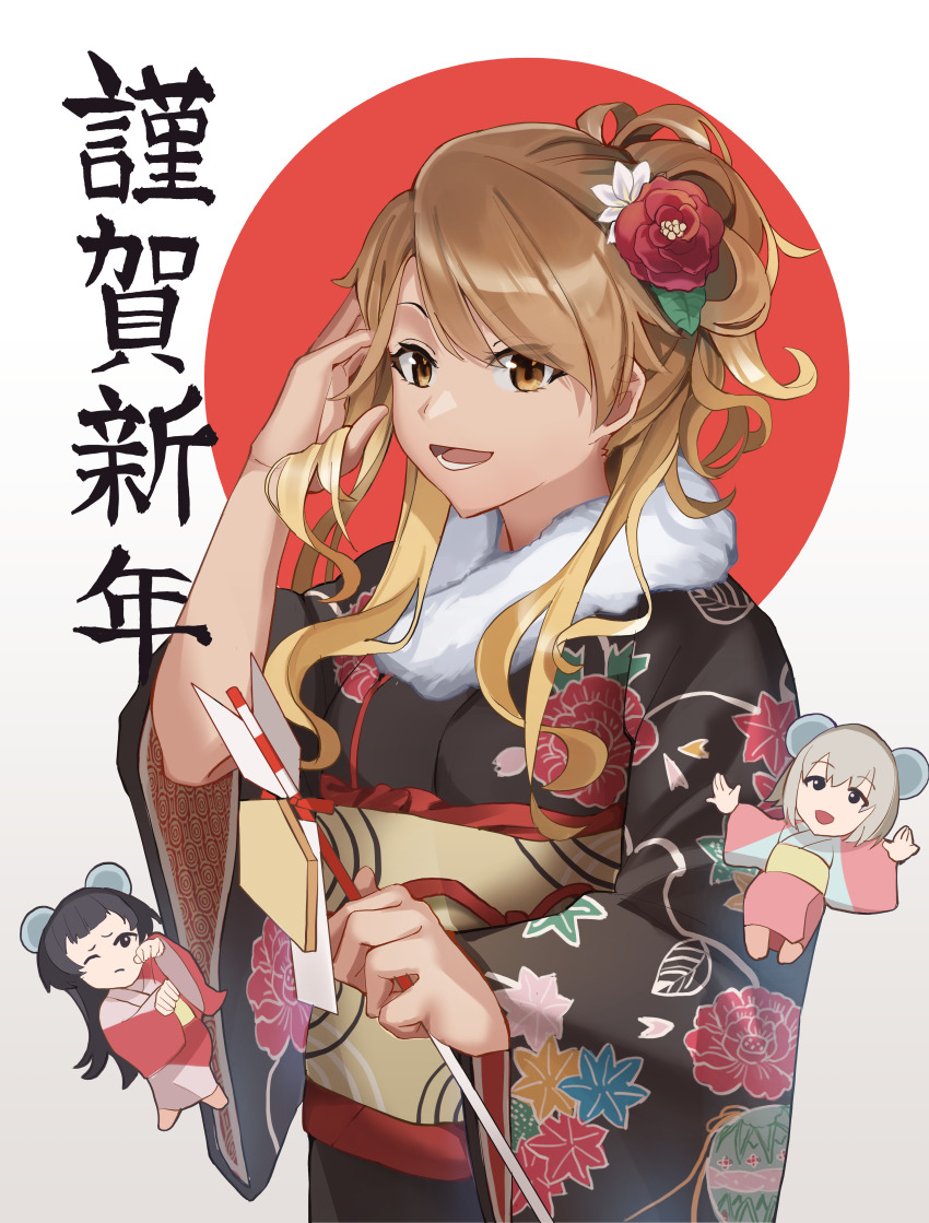 3girls absurdres alternate_hairstyle arrow_(projectile) black_hair black_kimono blonde_hair brown_eyes chibi chibi_inset dark-skinned_female dark_skin ema floral_print fur-trimmed_kimono fur_trim gradient_hair grey_hair gyaru hamaya highres holding holding_arrow idolmaster idolmaster_shiny_colors izumi_mei japanese_clothes kemonomimi_mode kimono long_hair looking_at_viewer mayuzumi_fuyuko merisu multicolored_hair multiple_girls new_year obi print_kimono sash serizawa_asahi smile standing straylight_(idolmaster) wide_sleeves
