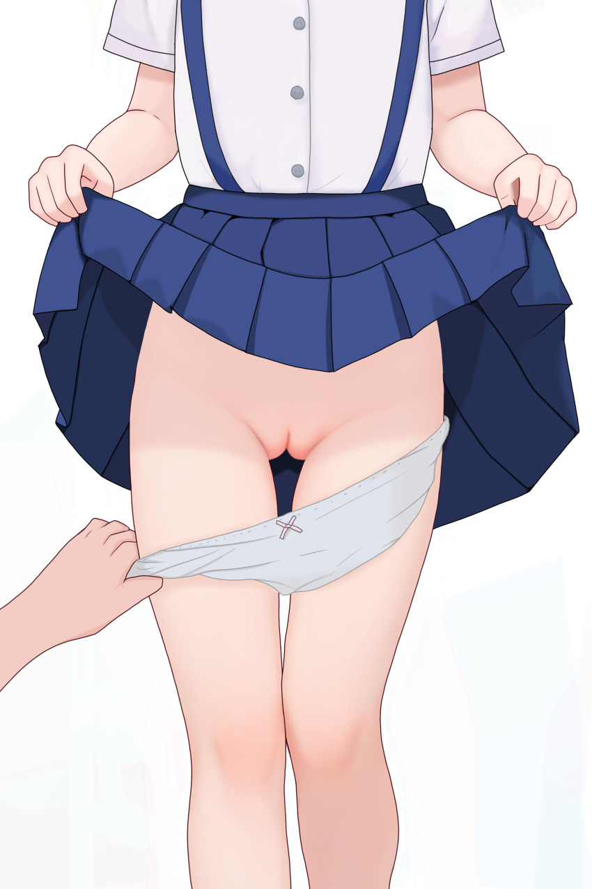 1girl absurdres assisted_exposure blue_skirt button_shirt cleft_of_venus clothes_lift female_focus highres knees lifting_own_clothes loli original panties panty_pull pov pov_hands pulling_another&#039;s_clothes pussy shirt skirt skirt_lift standing totorin7124 underwear undressing_another white_background white_panties white_shirt