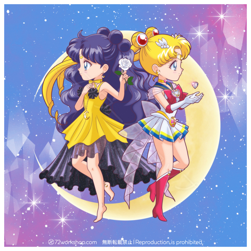 2girls 72workshop artist_name back-to-back bare_shoulders barefoot bishoujo_senshi_sailor_moon bishoujo_senshi_sailor_moon_supers black_hair blonde_hair blue_eyes blue_sailor_collar boots border bow brooch choker crescent crescent_earrings crescent_facial_mark crescent_moon crescent_necklace double_bun dress earrings elbow_gloves facial_mark facing_to_the_side flower forehead_mark full_body gloves hair_bun heart heart_brooch heart_choker highres inner_senshi jewelry knee_boots long_hair looking_to_the_side luna_(sailor_moon) luna_(sailor_moon)_(human) magical_girl miniskirt moon multicolored_skirt multiple_girls necklace night night_sky personification pleated_skirt quad_buns red_boots red_bow rose sailor_collar sailor_moon sailor_senshi sailor_senshi_uniform see-through_bow see-through_clothes see-through_sleeves shirt skirt sky sleeveless sleeveless_shirt standing star_(sky) super_sailor_moon transformation_brooch_(sailor_moon) tsukino_usagi twintails very_long_hair white_border white_flower white_gloves white_rose white_shirt white_skirt yellow_bow yellow_choker yellow_dress