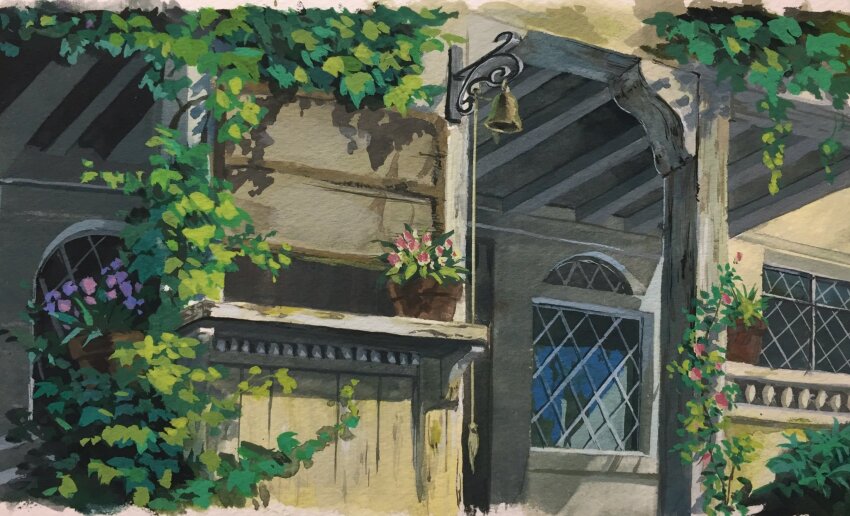 bell building chochottochoina flower highres house majo_no_takkyuubin no_humans painting_(medium) pink_flower plant purple_flower traditional_media vines window wooden_beam wooden_wall