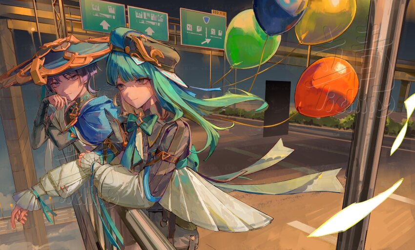 1boy 1girl against_railing arm_belt armor artist_name balloon bell beret black_bodysuit black_bridal_gauntlets black_hat black_shirt black_sleeves blue_cape blue_hat blunt_bangs bodysuit bow bowtie bridal_gauntlets cape closed_mouth eyelashes feathers furisode genshin_impact gold gold_buckle green_bow green_bowtie green_hat grey_eyes hand_on_own_arm hand_on_own_cheek hand_on_own_face hat hat_ornament highres highway japanese_armor japanese_clothes jingle_bell kimono kote kurokote large_bow layered_sleeves lic_617 light_smile long_hair long_sleeves looking_at_another original overpass purple_eyes purple_hair railing road_sign scaramouche_(genshin_impact) shirt short_sleeves shoulder_peek sign smile swept_bangs tsurime two-tone_hat wanderer_(genshin_impact) watermark white_feathers white_kimono white_sleeves