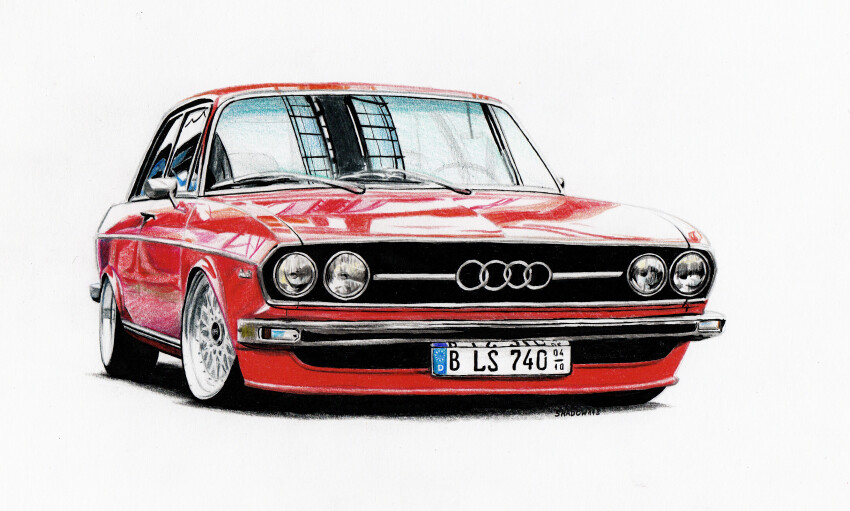 absurdres audi audi_100 bbs_(wheel) car colored_pencil_(medium) commentary english_commentary grey_background highres license_plate motor_vehicle no_humans original red_car shadow shadow118 simple_background traditional_media vehicle_focus