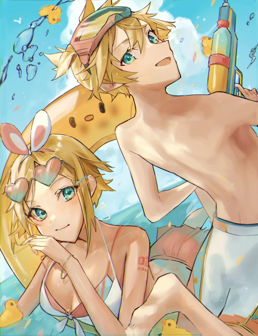 1boy 1girl aqua-framed_eyewear aqua_eyes asagihisui beach bikini blonde_hair breasts brother_and_sister closed_mouth eyewear_on_head goggles goggles_on_head gradient-framed_eyewear heart heart-shaped_eyewear highres holding holding_water_gun kagamine_len kagamine_rin male_swimwear medium_breasts ocean open_mouth pink-framed_eyewear rubber_duck short_hair siblings swimsuit topless_male twins vocaloid water_gun white_bikini white_male_swimwear