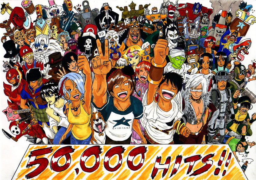 6+boys 6+girls absolutely_everyone afro alcohol alien amazon_warrior animal_ears annotated antlers arm_cannon artist_self-insert artist_self-reference avatar:_the_last_airbender avatar_legends bandana bartholomew_kuma baseball_cap beard bell billy black_hair blonde_hair blue_eyes blue_hair blue_skin boa_hancock bottle boxing_gloves bra breasts brook_(one_piece) brown_hair buggy_the_clown capcom cape captain_falcon captain_falcon_(cosplay) cat_ears chanukah_zombie chocolate cigarette cleavage collar colored_skin cosplay crossover crown cyborg death_note dog dragon_ball dragonball_z dress duskull earrings epaulettes everyone f-zero facial_hair fiery_hair fire fire_emblem fire_emblem:_path_of_radiance franky_(one_piece) futurama garththedestroyer gen_1_pokemon gen_3_pokemon ghostface ghostface_(cosplay) gir_(invader_zim) giraffe goggles green_hair green_skin hair_over_one_eye hammer hand_on_shoulder hat helmet horns ike_(cosplay) ike_(fire_emblem) invader_zim jabra_(one_piece) jewelry jigglypuff jinbe_(one_piece) kaku_(one_piece) karoo_(one_piece) kid_icarus king_dedede king_dedede_(cosplay) kirby kirby_(series) knife kwanzabot l_(death_note) long_nose luigi luigi_(cosplay) mario mario_(cosplay) mario_(series) marshall_d._teach mask matsuda_touta medium_breasts mega_man_(series) metal_gear_(series) metal_gear_solid metroid milestone_celebration missing_tooth monkey_d._luffy monster_boy mother_(series) mother_2 multicolored_hair multiple_boys multiple_crossover multiple_girls nami_(one_piece) navel neck_bell nefertari_vivi ness_(mother_2) ness_(mother_2)_(cosplay) nickelodeon nico_robin nintendo nojiko_(one_piece) object_on_head one_piece optimus_prime orange_hair pandaman_(one_piece) piccolo piiman_(one_piece) pilman pink_dress pirate_hat pit_(kid_icarus) pit_(kid_icarus)_(cosplay) pokemon pokemon_trainer_(cosplay) portgas_d._ace princess princess_peach princess_peach_(cosplay) princess_zelda princess_zelda_(cosplay) red_hair rem_(death_note) robot roronoa_zoro ryuk samus_aran samus_aran_(cosplay) sanji_(one_piece) scar scream_(movie) shinigami shy_guy sidoh skull smoke smoking solid_snake solid_snake_(cosplay) standing_on_person star_fox stuffed_animal stuffed_toy sunglasses super_mario_world super_smash_bros. sword tattoo teddy_bear the_grim_adventures_of_billy_&amp;_mandy the_legend_of_zelda tongue tony_tony_chopper top_hat toph_beifong totem trafalgar_law transformers transformers:_generation_1 turban underwear usopp v wally_(where&#039;s_wally) wapol wario wario_(cosplay) wario_land weapon where&#039;s_wally white_hair white_skin wolf_o&#039;donnell wolf_o&#039;donnell_(cosplay) yagami_light yellow_eyes yoshi yoshi_(cosplay) zero_suit zombie