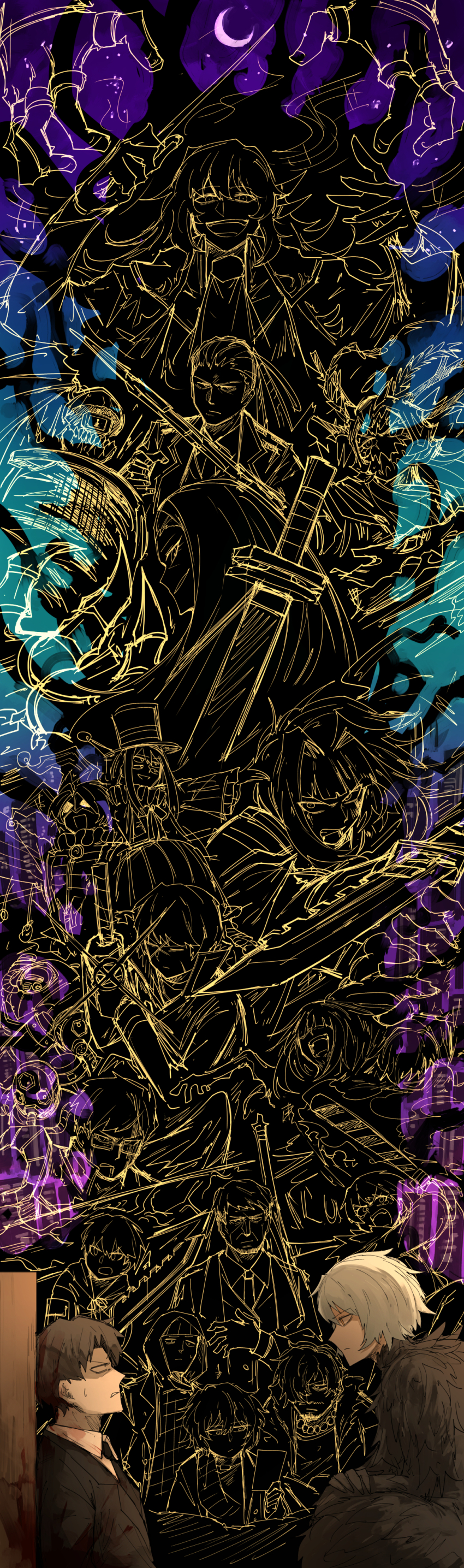 6+boys 6+girls absurdres angela_(project_moon) anton_(project_moon) argalia_(project_moon) black_hair blue_hair closed_eyes conductor_baton crying dagger distortion e.g.o_(project_moon) emma_(project_moon) finn_(project_moon) hana_association_south_uniform highres holding holding_baton holding_dagger holding_knife holding_weapon incoming_attack iori_(project_moon) kalo_(project_moon) kankan33333 knife lenny_(project_moon) library_of_ruina light_blue_hair long_hair looking_at_another lulu_(project_moon) lyla_(project_moon) mang-chi_(project_moon) multiple_boys multiple_girls myo_(project_moon) noah_(project_moon) olivier_(project_moon) open_mouth parted_lips pete_(project_moon) philip_(project_moon) project_moon roland_(project_moon) shi_association_south_uniform short_hair sketch smile tomerry_(project_moon) valerie_(project_moon) weapon yan_vismok yellow_eyes yujin_(project_moon) zena_(project_moon)