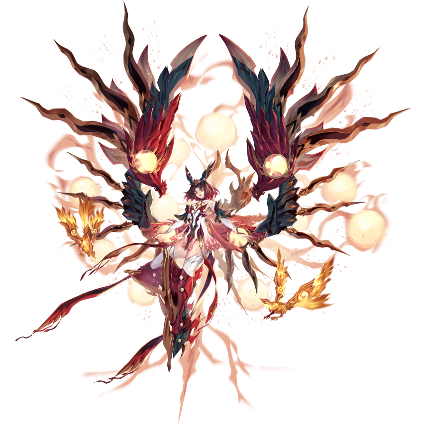 1girl absurdres bird breasts brown_eyes brown_hair detached_sleeves dress feathered_wings fiery_wings full_body highres medium_breasts open_mouth solo starward thighhighs white_background white_dress wings zhu_fun