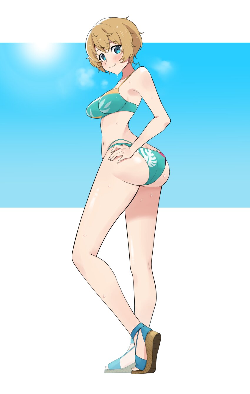 1girl absurdres alternate_costume aqua_bikini arai_motoha ass bikini blonde_hair blue_eyes blush closed_mouth commentary_request highres koyuki0125k looking_at_viewer persona persona_5 persona_5:_the_phantom_x sandals short_hair smile solo sweat swimsuit toes