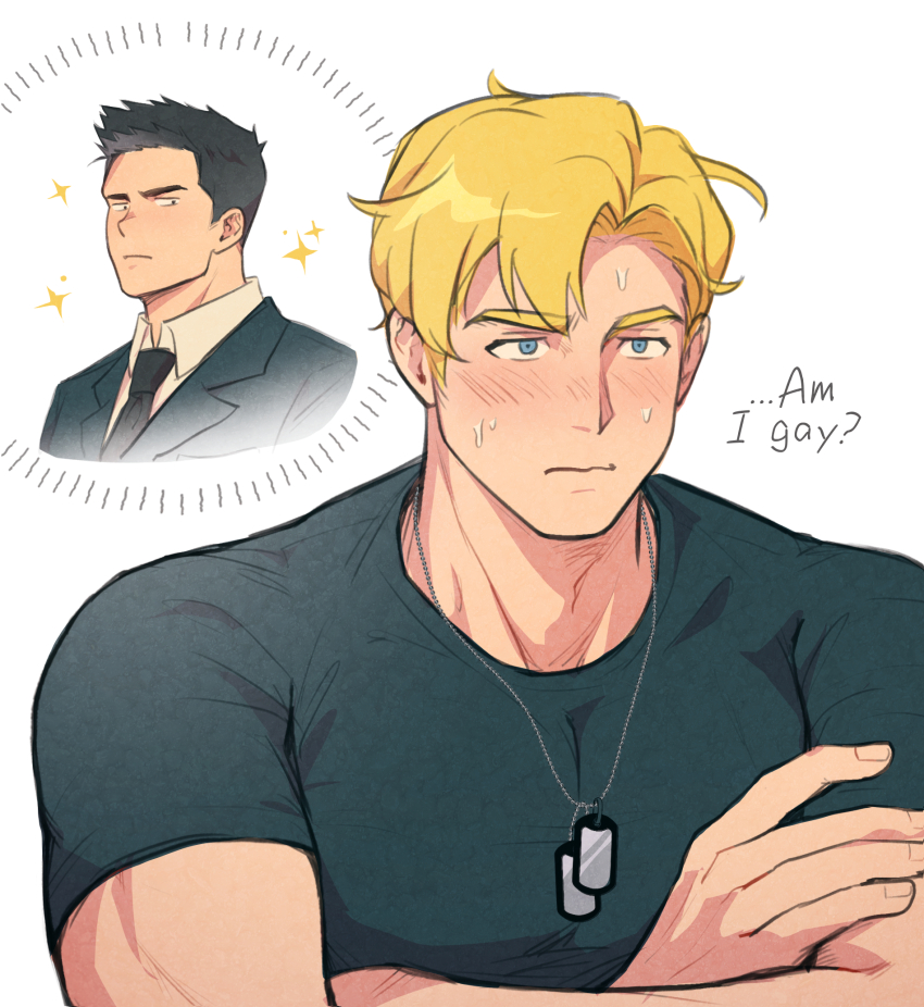 2boys ao_isami bara black_hair blonde_hair blue_eyes blush crossed_arms dog_tags highres imagining lewis_smith male_focus multiple_boys shirt short_hair simple_background speech_bubble sweat t-shirt thought_bubble upper_body wasted_m9 white_background yaoi yuuki_bakuhatsu_bang_bravern