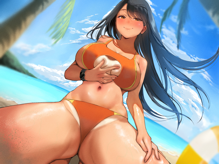 1girl beach bikini black_hair blue_sky blush breasts brown_eyes closed_mouth clothing_cutout cloud cloudy_sky commentary_request day dutch_angle floating_hair hand_on_own_chest highres horizon inushima large_breasts long_hair navel ocean orange_bikini original outdoors palm_leaf palm_tree sky smile solo squatting stomach swimsuit tan thighs tree underboob_cutout watch wristwatch