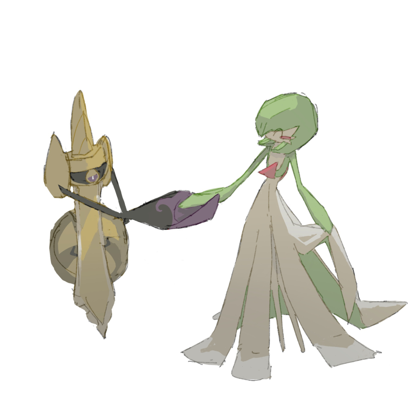 1girl ^_^ aegislash black_sclera blush blush_stickers bob_cut bright_pupils closed_eyes colored_sclera colored_skin facing_another flat_chest full_body gardevoir gen_3_pokemon gen_6_pokemon green_hair green_skin hair_over_one_eye half-closed_eyes handshake highres looking_at_another multicolored_skin napopo nintendo no_mouth one_eye_covered outstretched_arm pokemon pokemon_(creature) purple_eyes shield short_hair simple_background standing sword two-tone_skin weapon white_background white_pupils white_skin