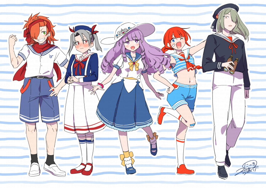 ;d absurdres bare_arms bare_shoulders beret binoculars black_hat black_shirt black_shoes black_socks blue_eyes blue_sailor_collar blue_shirt blue_shoes blue_shorts blush braid character_request closed_mouth crop_top etrian_odyssey green_eyes grey_hair grin hair_over_one_eye hand_up hat highres holding kneehighs long_hair midriff monk_(sekaiju) monk_4_(sekaiju) navel neck_ribbon nikki_kyousuke nose_blush one_eye_closed open_mouth orange_hair pants pleated_skirt purple_eyes purple_hair red_eyes red_ribbon red_shoes ribbon ringlets sailor_collar shirt shoes short_twintails shorts signature single_braid skirt sleeveless sleeveless_shirt smile socks sovereign_(sekaiju) sovereign_4_(sekaiju) standing standing_on_one_leg striped_background striped_clothes striped_shirt suspender_skirt suspenders twintails very_long_hair white_pants white_sailor_collar white_shirt white_shoes white_skirt white_socks