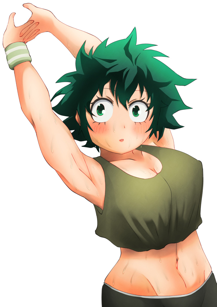 absurdres boku_no_hero_academia breasts cleavage eye_contact facing_viewer genderswap genderswap_(mtf) highres karamell large_breasts looking_at_another looking_at_viewer midoriya_izuku open_mouth simple_background sweat undefined white_background