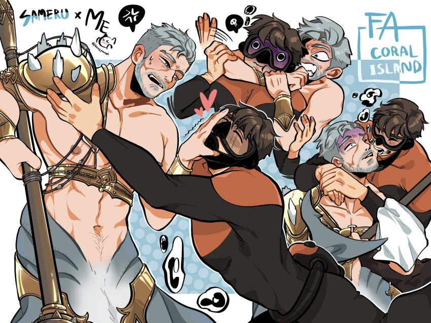 2boys abs afterimage annoyed bara beard benzpanoi biting biting_cheek collage connected_beard coral_island couple diving_suit facial_hair farmer_(coral_island) forced grey_hair heart highres interspecies large_pectorals male_focus mature_male merman monster_boy multiple_boys muscular muscular_male mustache navel nipples original pectorals rejected_kiss semeru_(coral_island) short_hair strangling turn_pale yaoi