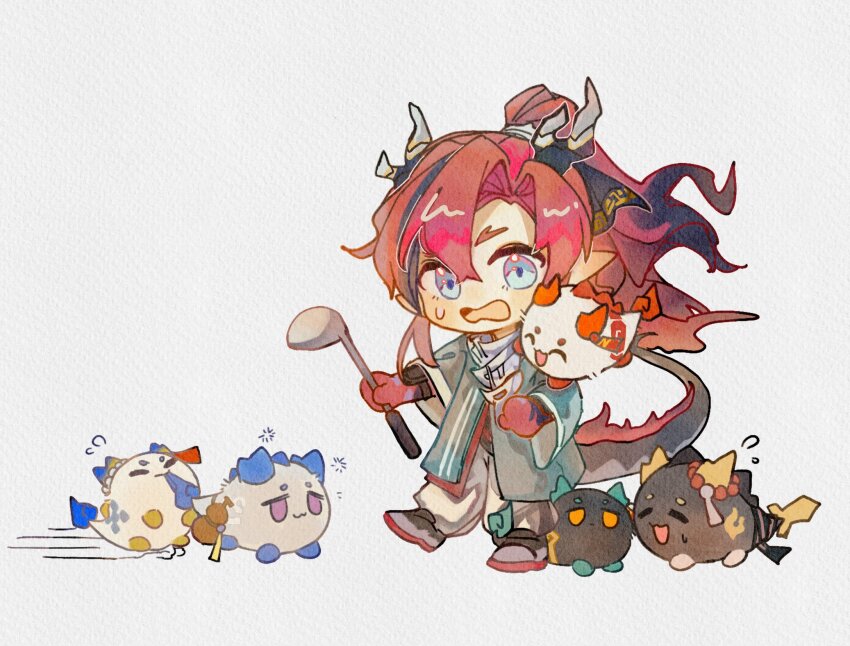 2boys 4girls arknights chibi chinese_commentary chongyue_(arknights) commentary_request dragon_boy dragon_girl dragon_horns dragon_tail dusk_(arknights) highres holding holding_ladle horns ladle ling_(arknights) maplebyebye multicolored_hair multiple_boys multiple_girls nian_(arknights) open_mouth pointy_ears shu_(arknights) sweatdrop tail white_background yu_(arknights)