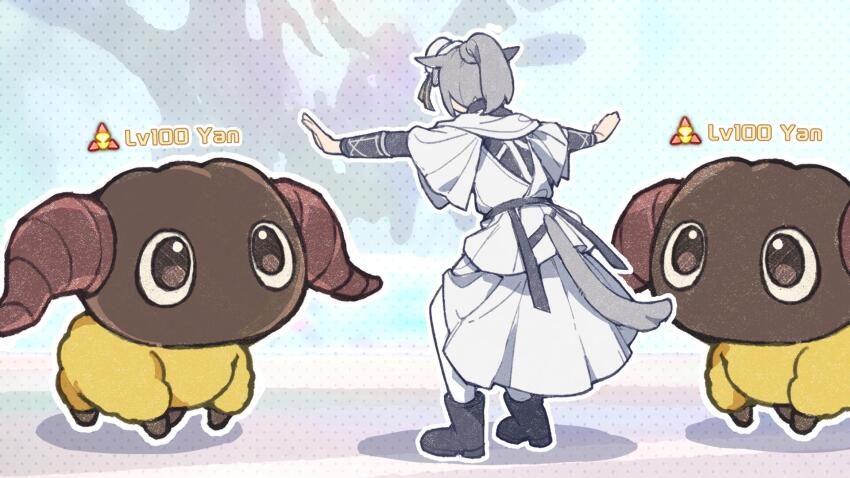 1girl 9yuki final_fantasy final_fantasy_xiv from_behind grey_hair highres imminent_death meme miqo&#039;te ponytail prattkeeping_(meme) ram_(animal) standing tail warrior_of_light_(ff14) yan_(final_fantasy)