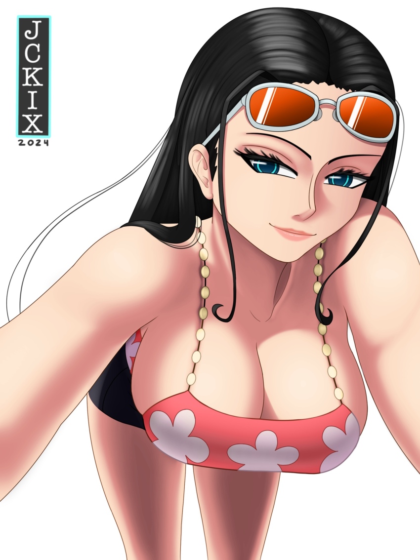 1girl artist_name bare_arms bare_legs bare_shoulders black_hair blue_eyes breasts eyewear_on_head female_focus floral_print highres jckix_art large_breasts long_hair looking_at_viewer mature_female nico_robin nico_robin_(punk_hazard) one_piece punk_hazard sexually_suggestive shounen_jump smile solo sunglasses sunglasses_on_head tagme thick_thighs thighs white_background