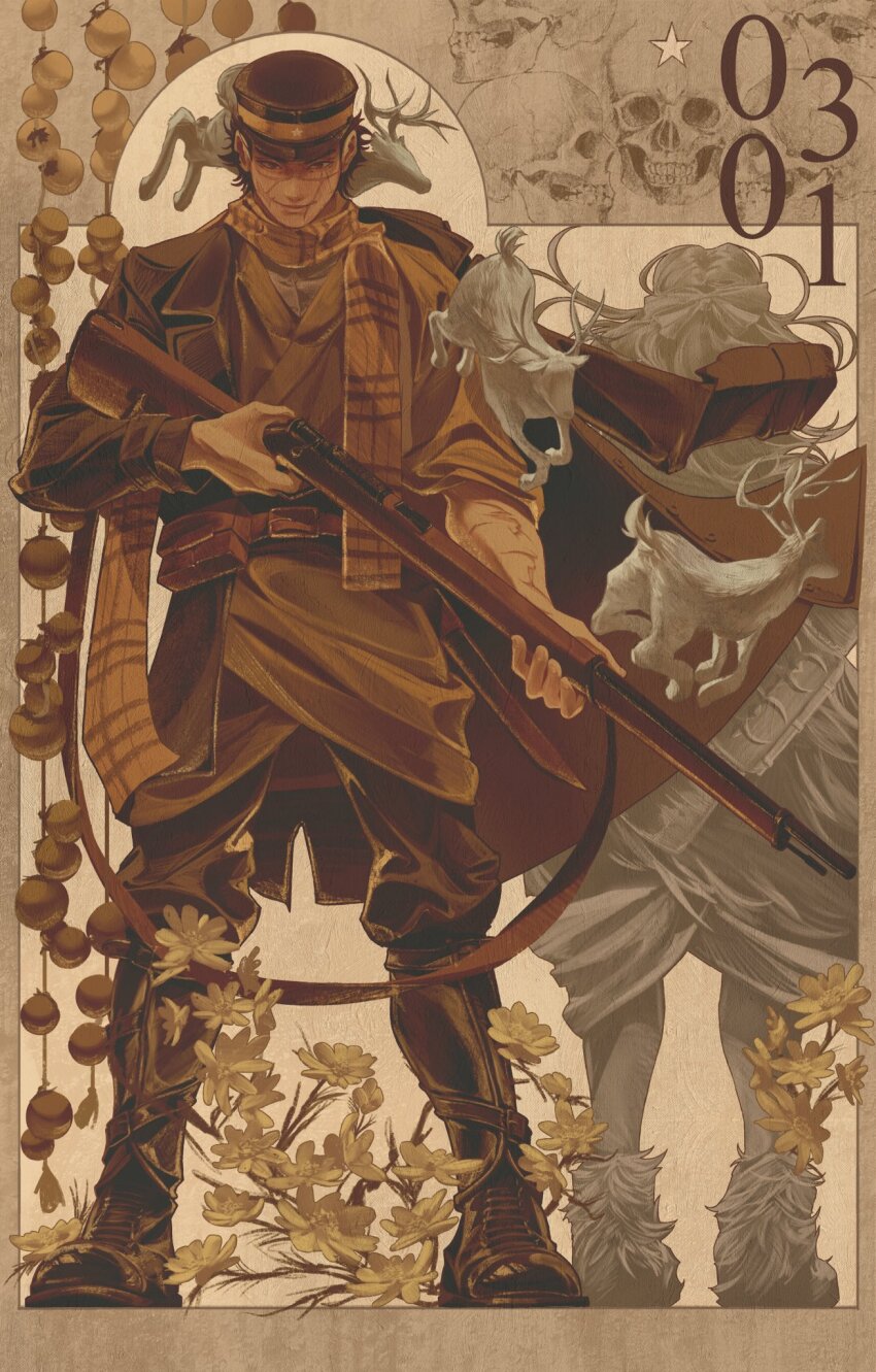 1boy 1girl arisaka asirpa back-to-back birthday bolt_action boots brown_theme deer facial_scar full_body golden_kamuy gun hat highres inset_border kepi madu_(honeybreqd) male_focus military_hat plant rifle running scar scar_on_cheek scar_on_face scar_on_nose scarf skull smile standing sugimoto_saichi symbolism weapon