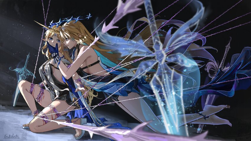 2girls absurdres bare_shoulders barefoot black_dress blonde_hair blue_eyes blue_hair breasts cartethyia_(wuthering_waves) colored_inner_hair commentary crown_of_thorns dress dual_persona earrings english_commentary erikvarts fleurdelys_(wuthering_waves) from_side full_body hand_on_another&#039;s_face highres jewelry large_breasts long_hair looking_at_another medium_breasts multicolored_hair multiple_girls parted_lips planted planted_sword planted_weapon pointy_ears restrained sandals sword tabard tacet_mark_(wuthering_waves) thighs very_long_hair weapon white_sandals white_tabard wuthering_waves