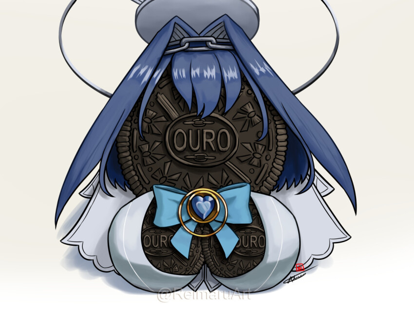 blue_hair blue_ribbon brand_name_imitation chain chain_headband cleavage_cutout clothing_cutout commentary english_commentary food_focus hair_intakes halo hololive hololive_english mechanical_halo meme no_humans oreo ouro_kronii pun reikamaru ribbon short_hair signature solo still_life veil virtual_youtuber watermark white_background white_veil
