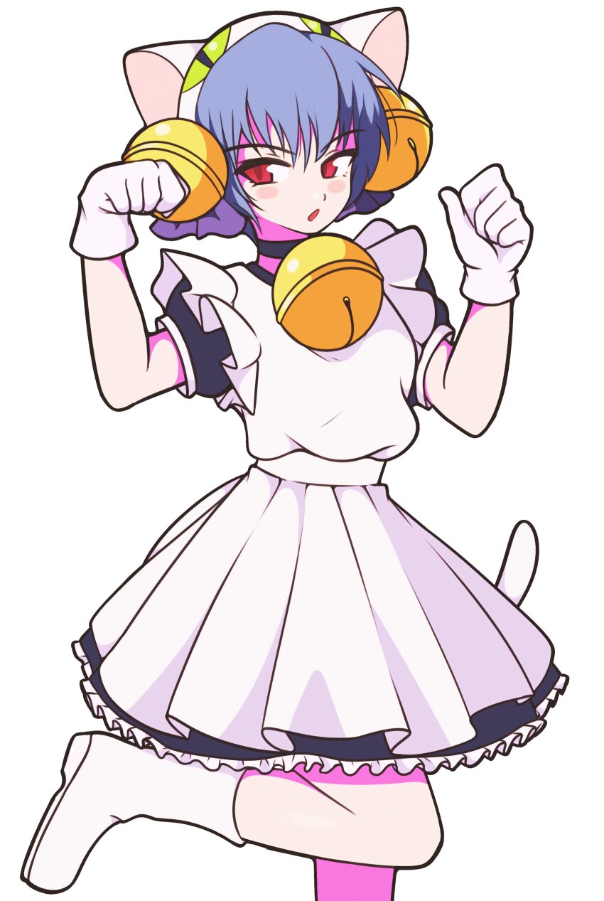 1girl :o absurdres alternate_costume animal_ear_headwear animal_ears apron ayanami_rei bell black_choker black_dress blue_hair blush_stickers boots cat_ears cat_girl cat_tail choker cosplay curled_fingers dejiko dejiko_(cosplay) di_gi_charat dress enmaided fake_animal_ears foot_up from_side gloves hair_bell hair_between_eyes hair_ornament hands_up highres jeff_miga jingle_bell looking_at_viewer looking_to_the_side maid neck_bell neon_genesis_evangelion open_mouth paw_pose petticoat puffy_short_sleeves puffy_sleeves red_eyes romaji_commentary short_hair short_sleeves simple_background solo standing standing_on_one_leg tail w_arms white_apron white_background white_boots white_gloves