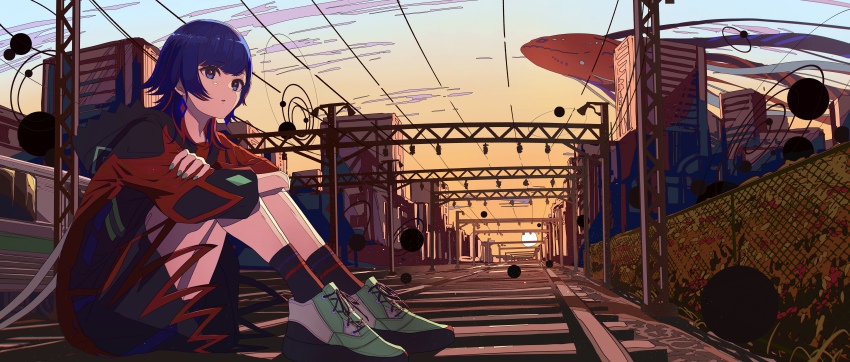 1girl absurdres arms_on_knees black_jacket black_socks blue_eyes blue_hair building cable cloud commentary_request crossed_arms curious diamond_earrings earrings evening fish flying_fish from_side full_body gradient_sky green_nails green_shoes hair_over_shoulder hastur_(kamitsubaki_studio) highres hood hood_down hooded_jacket incredibly_absurdres jacket jewelry kamitsubaki_studio long_sleeves looking_ahead medium_hair multicolored_eyes multicolored_hair multicolored_jacket ninuru on_floor open_mouth outdoors railroad_tracks red_eyes red_hair red_jacket rim_(kamitsubaki_studio) scenery shoes sitting sky sneakers socks solo streaked_hair sun two-tone_hair utility_pole virtual_youtuber white_shoes wolf_cut yellow_pupils