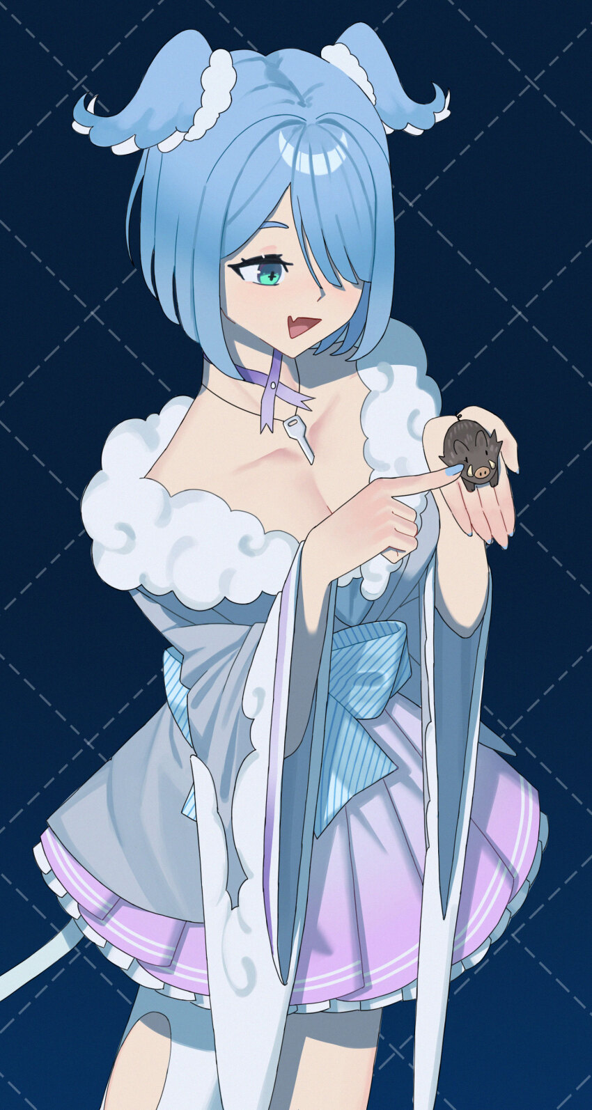 1girl :d absurdres animal aqua_eyes asymmetrical_bangs blue_background blue_bow blue_eyes blue_hair blue_nails blue_sash blue_wings boar bow breasts brown_fur cheek_poking cleavage collarbone commentary cross-shaped_pupils diagonal-striped_bow elira_pendora elira_pendora_(2nd_costume) english_commentary eyebrows_hidden_by_hair fang fingernails frilled_skirt frills fur-trimmed_kimono fur_trim gradient_background gradient_clothes gradient_ribbon gradient_skirt grey_kimono grey_skirt grid_background hair_intakes hair_over_one_eye hair_wings half-closed_eyes hands_up head_wings highres holding holding_animal japanese_clothes jewelry karassawa key key_necklace kimono large_bow long_eyelashes long_fingernails looking_at_animal looking_down medium_breasts miniskirt narrowed_eyes neck_ribbon necklace nijisanji nijisanji_en obi off_shoulder open_mouth parted_bangs parted_hair pink_skirt pleated_skirt poking purple_ribbon raised_eyebrows ribbon sash short_hair sidelocks single_thighhigh skin_fang skirt smile snout solo standing striped_bow striped_sash symbol-shaped_pupils thick_eyelashes thighhighs triangle_mouth tusks two-tone_skirt two-tone_wings undersized_animal waist_bow waist_sash white_bow white_sash white_thighhighs white_trim white_wings wide_sleeves wings