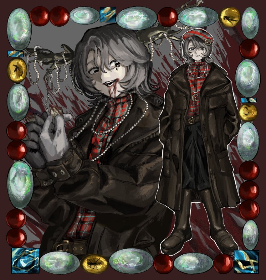 1boy amber_(gemstone) antlers blood blood_from_mouth boots brown_coat coat commentary_request fangs gem gloves grey_gloves grey_hair hands_in_pockets highres hitchhiker_a_(randal&#039;s_friends) horn_ornament horns jewelry looking_at_viewer male_focus melting_eyes multiple_views necklace randal&#039;s_friends razor_blade red_shirt shirt short_hair striped_clothes striped_shirt zakuro_(kdxd87965)