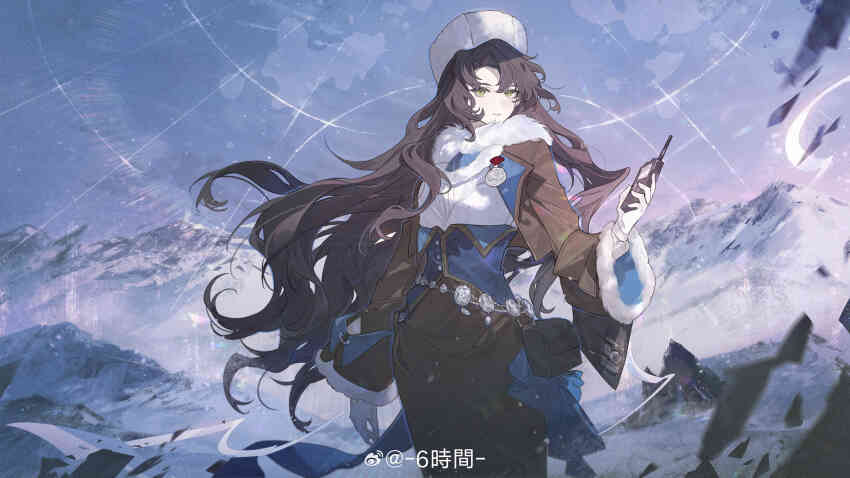 1girl absurdres badge black_hair blue_sky brown_jacket brown_skirt closed_mouth gloves green_eyes hand_up hat high-waist_skirt highres holding holding_walkie-talkie jacket long_hair looking_at_viewer moldir_(reverse:1999) mountain outdoors reverse:1999 scarf shirt skirt sky snow solo sumery upper_body ushanka very_long_hair walkie-talkie watermark weibo_watermark white_gloves white_hat white_scarf white_shirt