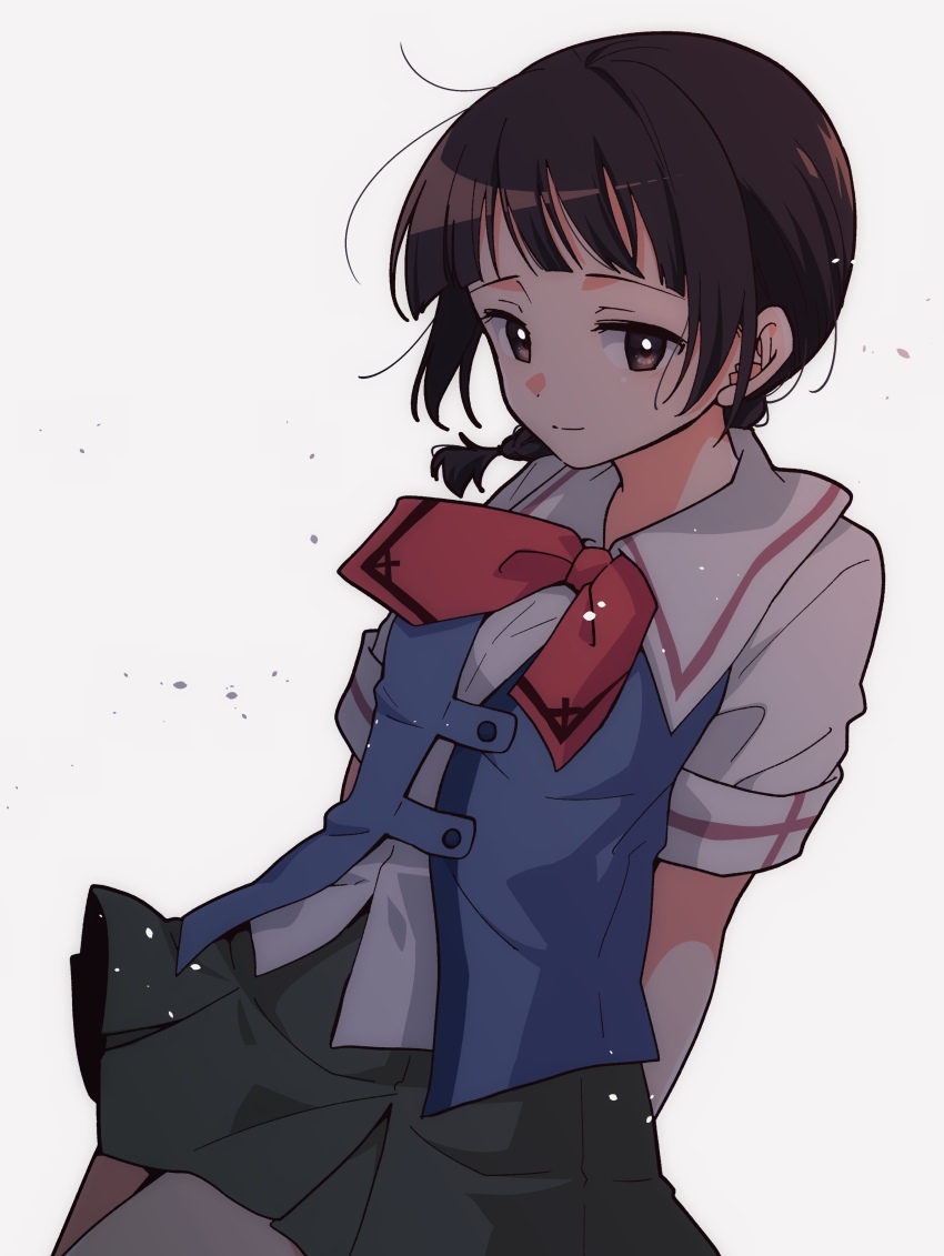 1girl absurdres black_eyes black_hair black_skirt closed_mouth gakkou_wo_deyou highres hoshina_sanae neckerchief red_neckerchief sailor_collar school_uniform serafuku shirt short_sleeves simple_background skirt smile solo standing summer_uniform taiki_(6240taiki) thighs white_background white_sailor_collar white_shirt