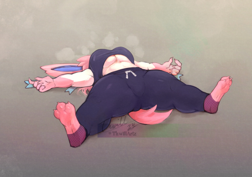 1girl animal_ears animal_feet artist_name black_leggings body_fur breasts breath claws dated drawstring exhausted feet female_focus full_body furry furry_female gen_6_pokemon grey_background large_breasts leggings lying midriff navel nintendo on_back outstretched_arms pawpads personification pink_fur pink_hair pokemon pokemon_(creature) purple_socks signature simple_background socks soles solo spread_arms spread_eagle_position spread_legs stomach sylveon tail thick_thighs thighs thwillartz toeless_legwear toes twitter_username two-tone_fur underboob vince_(thwillartz) white_fur