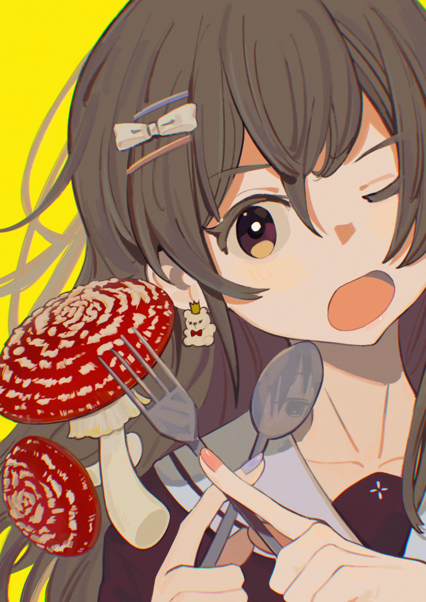 1girl absurdres bear_earrings black_shirt blue_nails brown_hair chromatic_aberration floating floating_object fork hair_ornament hairpin highres holding holding_fork holding_knife knife long_hair mushroom one_eye_closed open_mouth original pink_nails portrait reflective_surface sailor_collar shirt sideways_glance simple_background solo very_long_hair wo-de-ma yellow_background