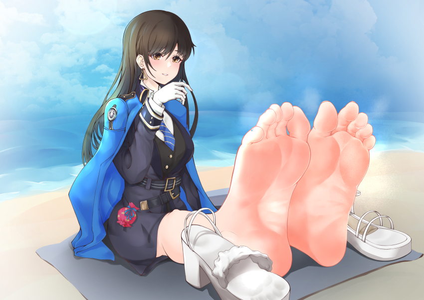 1girl absurdres barefoot beach black_hair brown_eyes diesel_(nikke) feet goddess_of_victory:_nikke highres long_hair looking_at_viewer parted_lips sandals shoes shuang_yue soles steam toes unworn_sandals unworn_shoes
