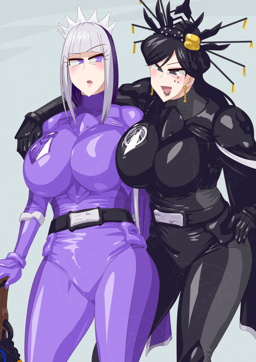 2girls absurdres black_hair bodysuit crown highres iroki karras multiple_girls no_headwear ohsama_sentai_king-ohger otokamu purple_eyes silver_and_purple_hair super_sentai sword weapon